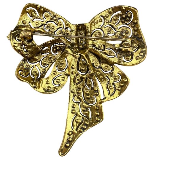 Sparkling Bow Brooch Red Rhinestones Gold-Tone Metal Elegant Statement Pin Acces - Picture 4 of 5